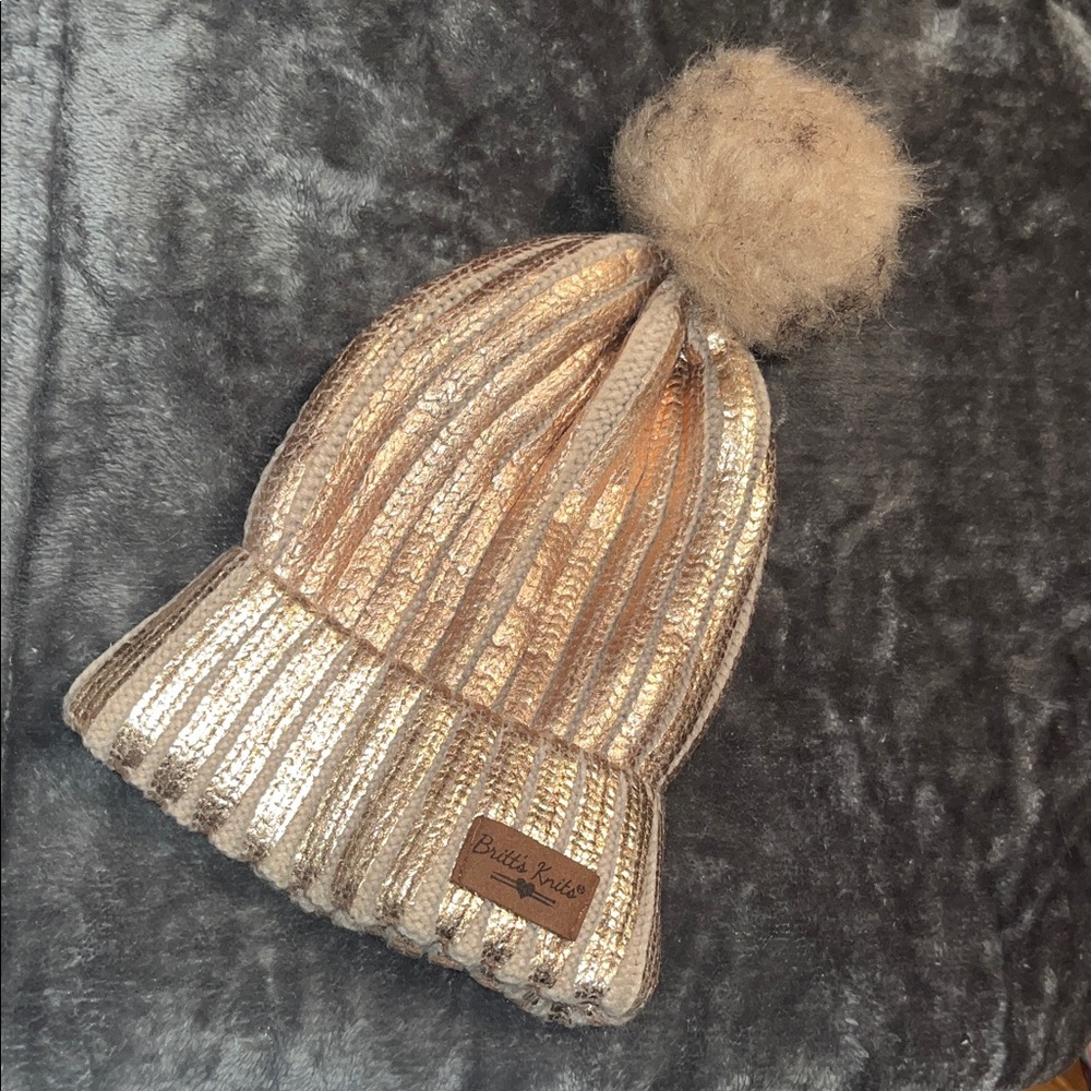 Bliss Knit Gold and Brown Pom-Pom Beanie